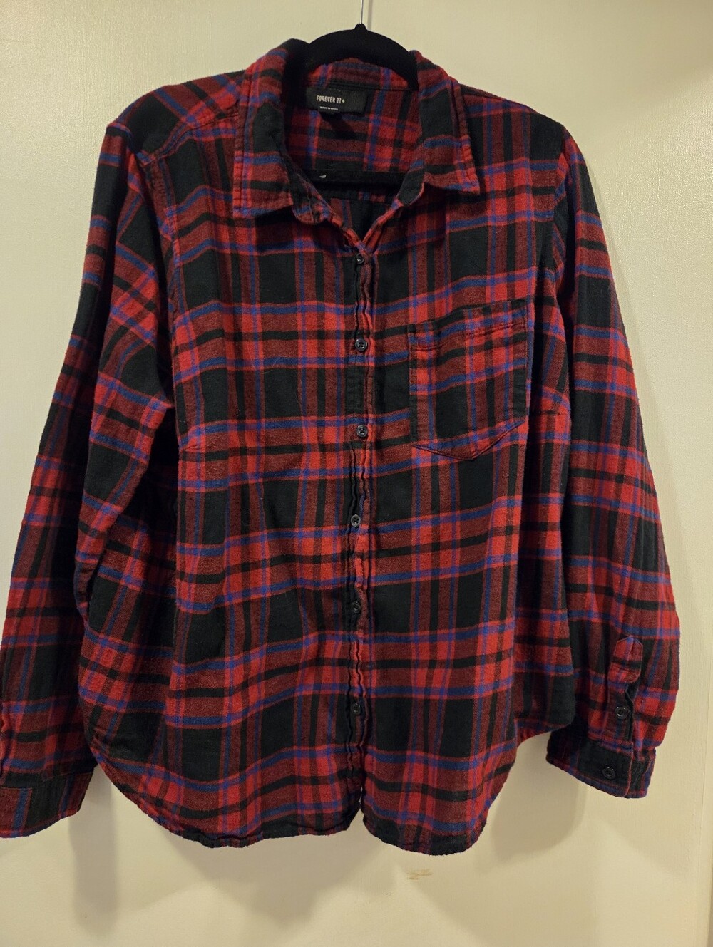 Forever 21 Womens 2X Plaid Flannel Shirt Red Black Blue Long Sleeve